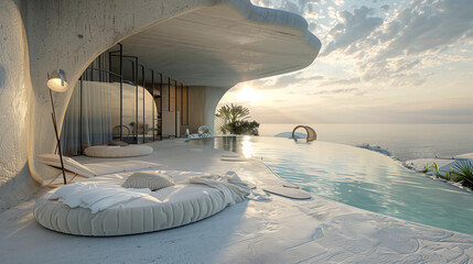 Futuristic white house with pool at the seashore