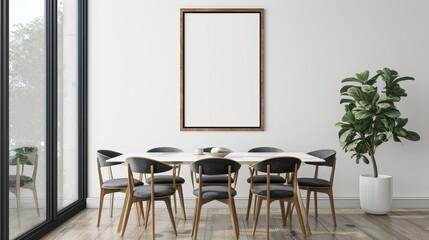 Fototapeta na wymiar Contemporary Dining Space with Natural Light and Greenery, Frame Mockup, Perfect for Interior Design Inspiration and Home Decor