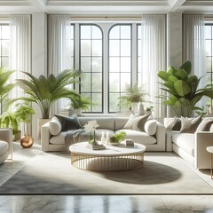 A living Room with a mockup poster empty white and with white furniture and plants art attractive harmony image.