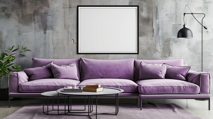 Contemporary Living Room with Purple Sofa and Industrial Decor, Frame Mockup, Perfect for Modern Home Design and Decor Ideas