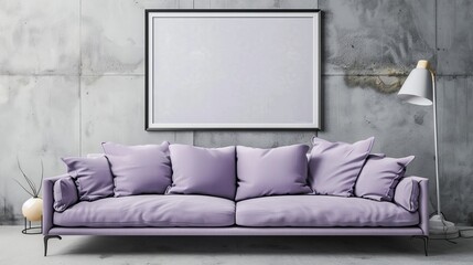 Minimalist Living Room with Lilac Sofa and Concrete Walls, Frame Mockup, Ideal for Modern Interior Design and Home Decor Ideas