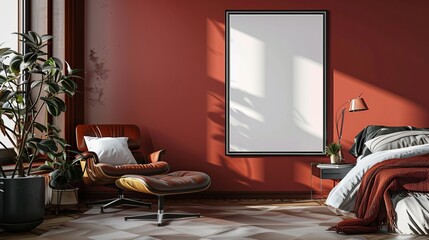 Modern Bedroom with Red Walls and Natural Light, Frame Mockup, Ideal for Contemporary Interior Design and Home Decor Ideas