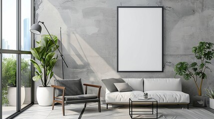 Modern Living Room with Grey Walls and Natural Light, Frame Mockup, Ideal for Contemporary Interior Design and Home Decor Ideas
