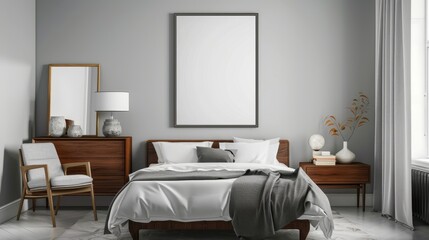 Minimalist Bedroom with Grey Walls and Natural Light, Frame Mockup, Perfect for Modern Home Decor and Interior Design Ideas
