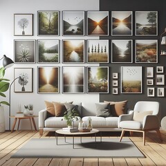 A living Room with a mockup poster empty white and with a couch and pictures on the wall art realistic art.