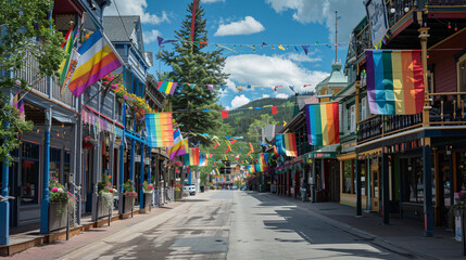 Obraz premium 4. A picturesque main street with pride flags lining the sidewalks and hanging from balconies, emphasizing a welcoming and supportive community
