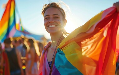 A person wearing a rainbow cape and smiling, selective focus, empowerment theme, whimsical, Blend mode, a lively festival as backdrop