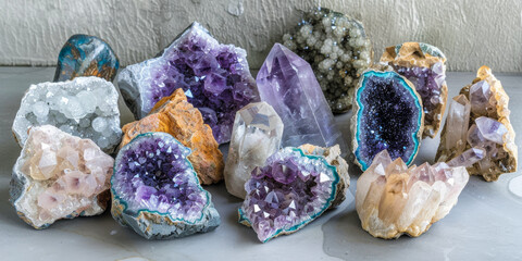 Colorful Collection of Natural Crystals and Geodes Displayed on a Neutral Surface