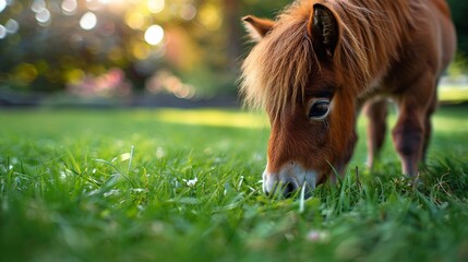 A pony grazing in a meadow