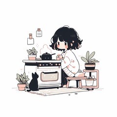 Cute Girl Cooking with a Cat