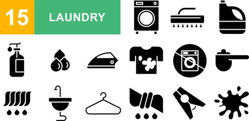 set of 15 outline web laundry icons such as spray bottle, rinse, laundry room, do not wash, no bleach, freshener, dry clean, washing hine vector thin line icons for web design, mobile app.