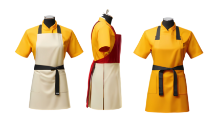white orange red mustard blank apron restaurant cafe kitchen cook chef uniform, front and flay lay isolated on transparent background
