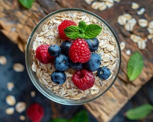 Rolled oats in a glass bowl topped with fresh berries and a mint leaf, on an old wooden surface, suggesting a wholesome, fiber-rich breakfast