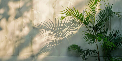 Sunlit Tropical Palm Plant Casting Shadows on White Wall for Natural Decor Inspiration