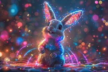 Smiling Electro Bunny Rabbit floating inside the Electro Dynamic vibrant shapes and colorful bursts of electronic dance music