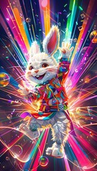 Smiling Electro Bunny Rabbit floating inside the Electro Dynamic vibrant shapes and colorful bursts of electronic dance music smartphone wallpaper