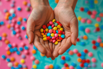 Colorful Handful of Pills and Capsules on Vibrant Background