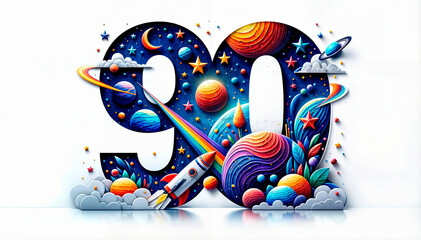 Colorful “90” design featuring planets, rockets, and stars in a space theme. Ideal for 90th anniversaries, space-themed events, educational purposes, or tech companies. Copy space available.