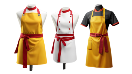 white orange red mustard blank apron restaurant cafe kitchen cook chef uniform, front and flay lay isolated on transparent background