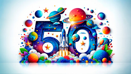Colorful “50” design featuring planets, rockets, and stars in a space theme. Perfect for 50th anniversaries, space-themed events, educational purposes, or tech companies. Copy space available.