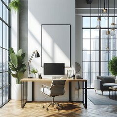 A Room with a mockup poster empty white and with a computer desk in office and a chair and a large window art used for printing attractive harmony.