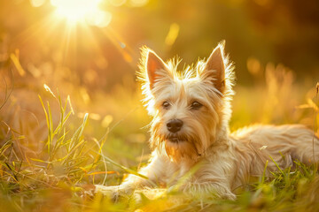 Adorable Small Dog Relaxing in Sunlit Field During Golden Hour
