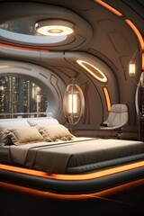 a futuristic hotel room