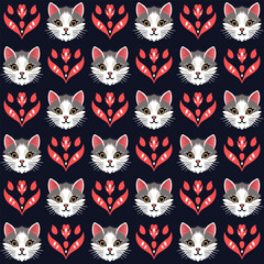 Seamless pattern vector image in flat cartoon style, cat face on black background