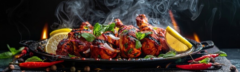Plate of food with meat and vegetables on it, indian food background 