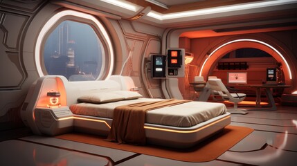 a futuristic hotel room