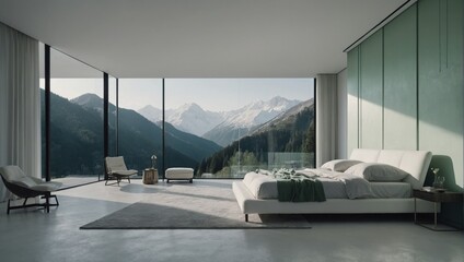 Minimalistic luxury bedroom in a mountain chalet