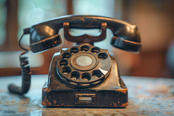 Vintage Rotary Dial Telephone on Wooden Table with Blurred Background