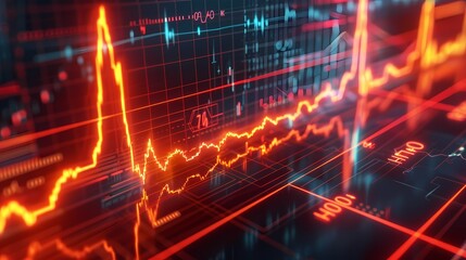 Graphical illustration of stock market trends akin to a heartbeat monitor, illustrating the fluctuating pulse of the market, captured with HD precision.