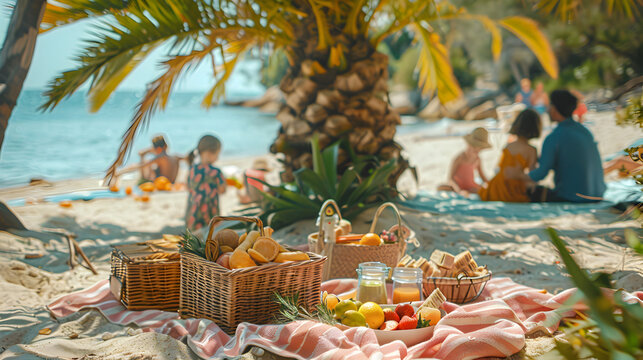 Family on the beach enjoying lunch with picnic baskets and turquoise blue water, summer concept vacation concept holidays