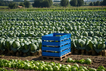 Fototapeta premium Staff pack hydroponic cabbage in conveyor line factory plant