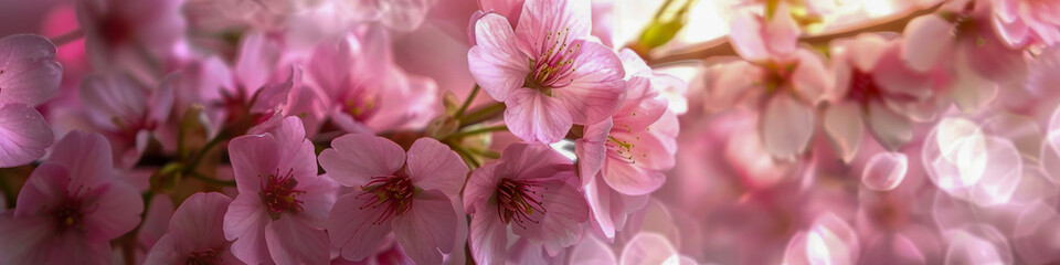 Obraz premium Blooming Pink Cherry Blossoms in Soft Focus with Warm Bokeh Background