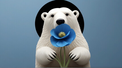 Close-Up of Polar Bear Holding Himalayan Blue Poppy on Solid Blue Background.