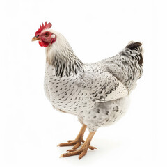 Fototapeta premium A white and black chicken stands on a white background. The chicken is looking to the right. Concept of calm and peacefulness