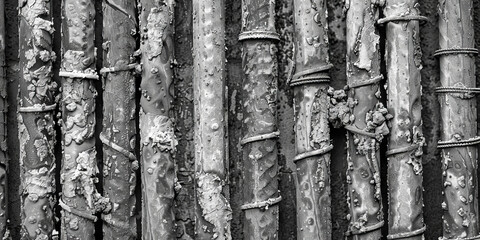 Monochrome Closeup of Weathered Rusty Metal Pipes with Textured Surface and Industrial Wear