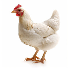 Fototapeta premium A white chicken stands on a white background. The chicken is looking at the camera. The image has a calm and peaceful mood