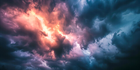 Fototapeta premium Dramatic Sunset Clouds Illuminated by Vibrant Orange and Blue Light in the Evening Sky