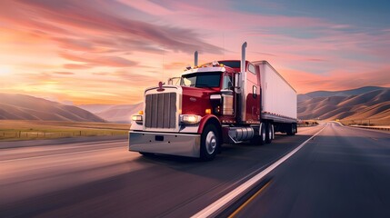 Crimson Sky Cruiser Classic Semi Truck Traversing Serene Desert Highway at Sunset