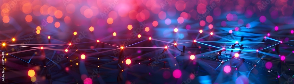 Poster interconnected neon nodes symbolizing network or communication technology products on vibrant backgr