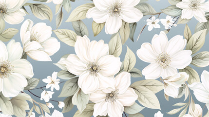 Elegant seamless pattern with hand-painted white flowers and intricate leaf arrangements in a sophisticated watercolor style