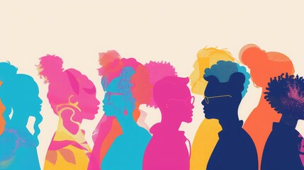 Colorful silhouettes of a diverse and multicultural community. Illustration of a multiethnic group of people, portrais