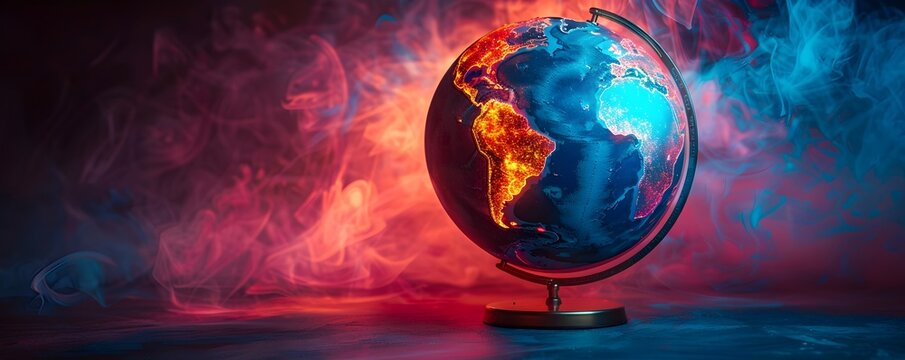 Neon Globe Slowly Rotating with Vivid Cosmic Backdrop for Travel Accessories or Global Services Concept - Powered by Adobe