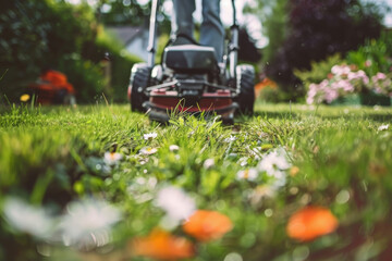 A person is mowing a lawn with a lawn mower. The grass is green and the flowers are orange