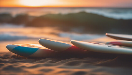 A set of surfboards resting against the vibrant sunset over the ocean
