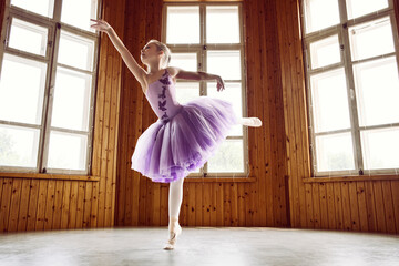 ballerina girl in a lilac dress posing in a room showing ballet poses