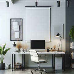 A white desk with a chair and a white chair in front of a white wall realistic has illustrative card design attractive lively.